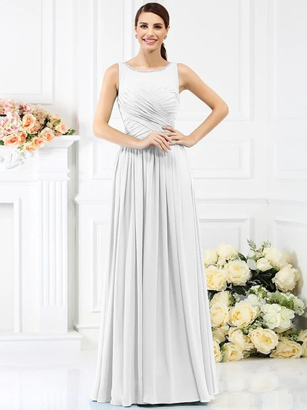 Modern Bateau Pleats Sleeveless Long Chiffon Bridesmaid Dresses - Image 29