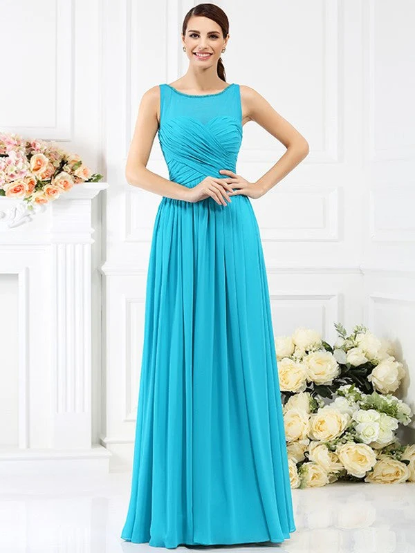 Modern Bateau Pleats Sleeveless Long Chiffon Bridesmaid Dresses - Image 3
