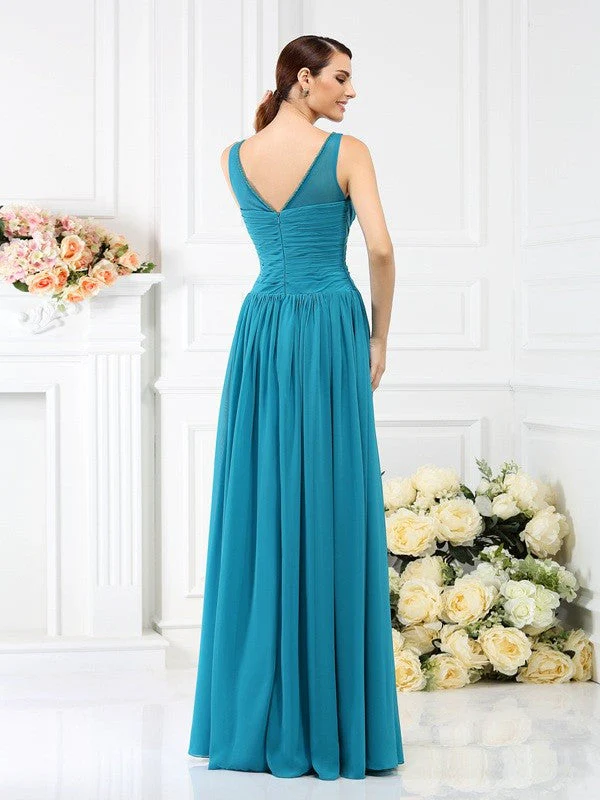 Modern Bateau Pleats Sleeveless Long Chiffon Bridesmaid Dresses - Image 30