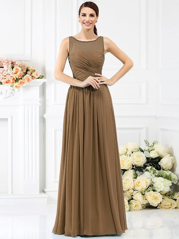 Modern Bateau Pleats Sleeveless Long Chiffon Bridesmaid Dresses - Image 4
