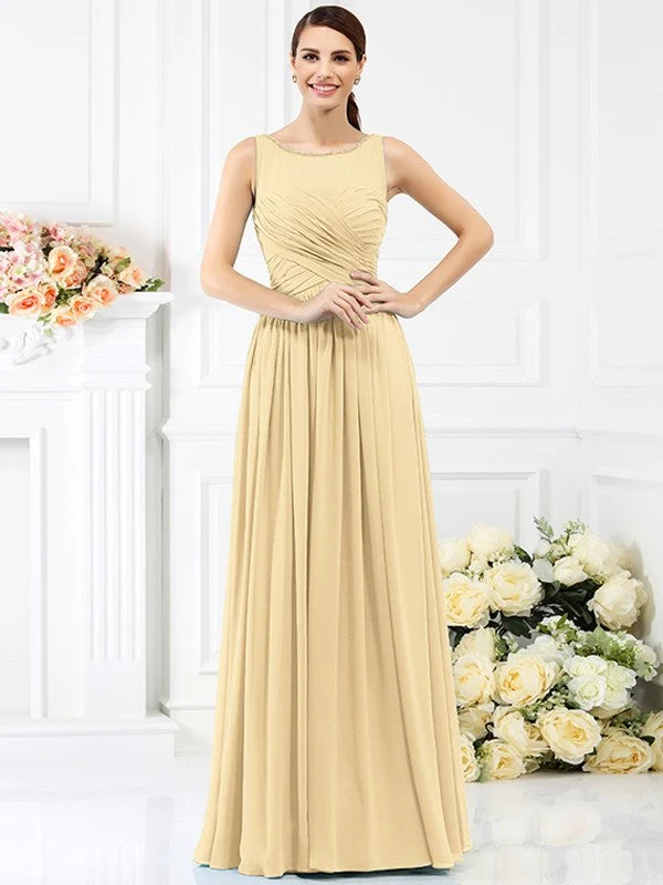 Modern Bateau Pleats Sleeveless Long Chiffon Bridesmaid Dresses - Image 6