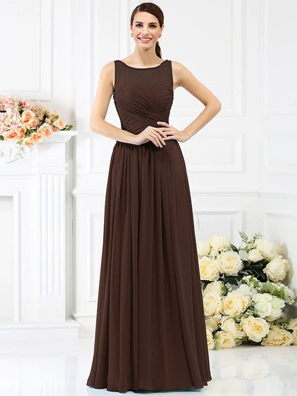 Modern Bateau Pleats Sleeveless Long Chiffon Bridesmaid Dresses - Image 7
