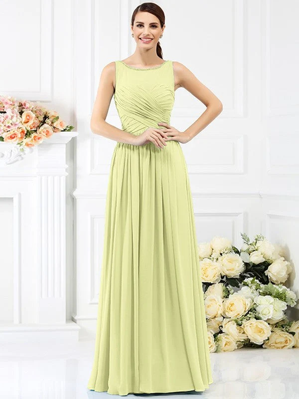 Modern Bateau Pleats Sleeveless Long Chiffon Bridesmaid Dresses - Image 8