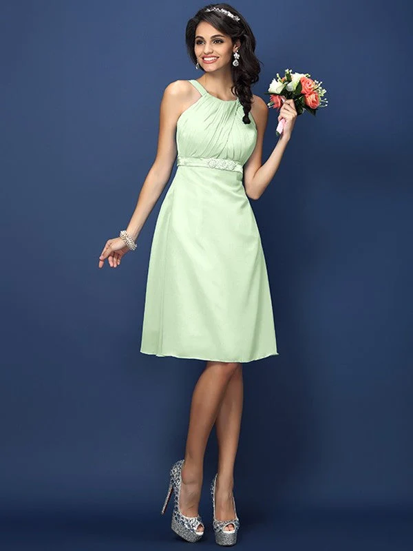 Modern Bateau Sash/Ribbon/Belt Sleeveless Short Chiffon Bridesmaid Dresses - Image 25