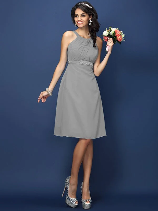 Modern Bateau Sash/Ribbon/Belt Sleeveless Short Chiffon Bridesmaid Dresses - Image 26