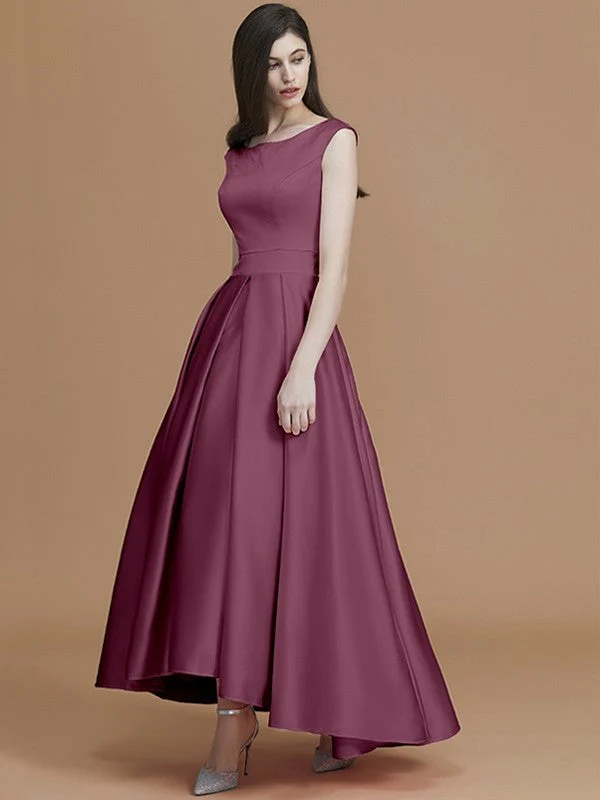 Modern Bateau Sleeveless Asymmetrical Ruffles Satin Bridesmaid Dresses - Image 11
