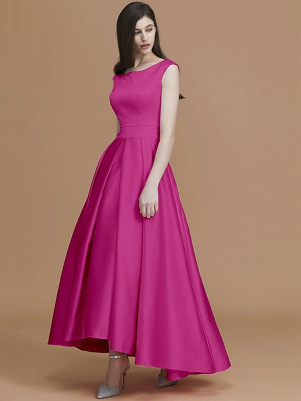 Modern Bateau Sleeveless Asymmetrical Ruffles Satin Bridesmaid Dresses - Image 17