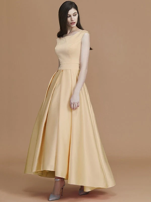 Modern Bateau Sleeveless Asymmetrical Ruffles Satin Bridesmaid Dresses - Image 18