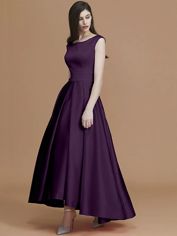 Modern Bateau Sleeveless Asymmetrical Ruffles Satin Bridesmaid Dresses - Image 19