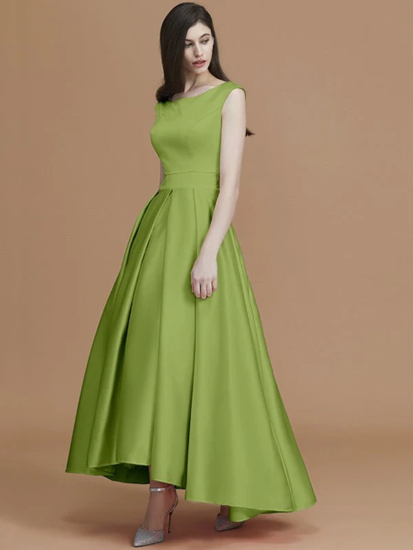 Modern Bateau Sleeveless Asymmetrical Ruffles Satin Bridesmaid Dresses - Image 20