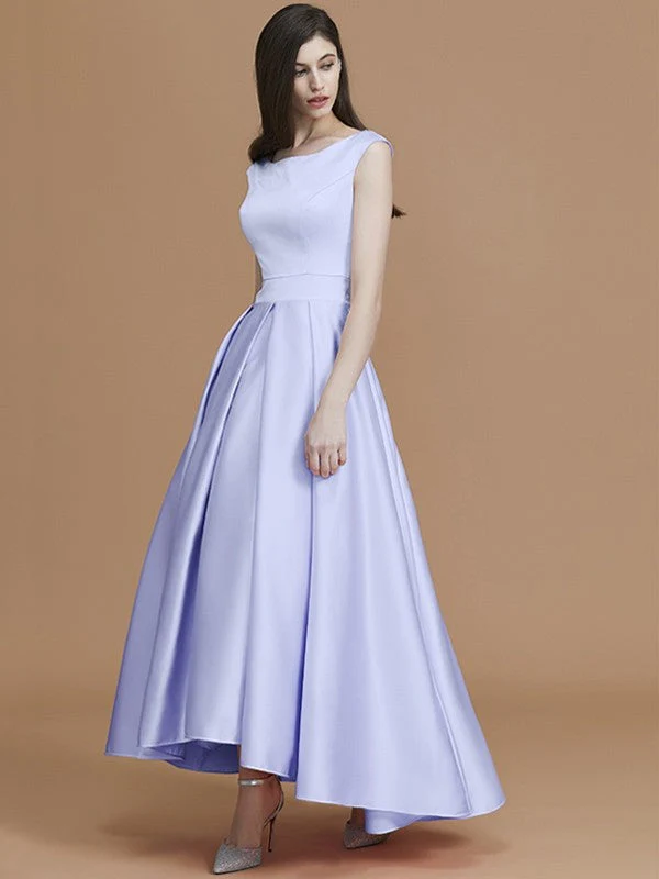 Modern Bateau Sleeveless Asymmetrical Ruffles Satin Bridesmaid Dresses - Image 23