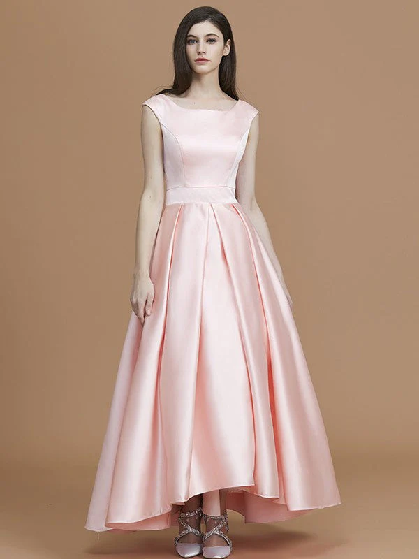 Modern Bateau Sleeveless Asymmetrical Ruffles Satin Bridesmaid Dresses - Image 3