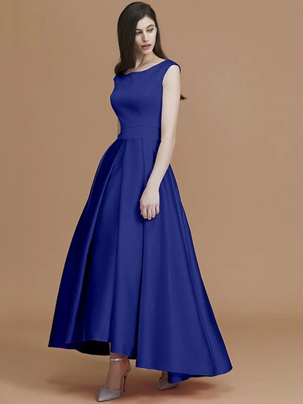 Modern Bateau Sleeveless Asymmetrical Ruffles Satin Bridesmaid Dresses - Image 31