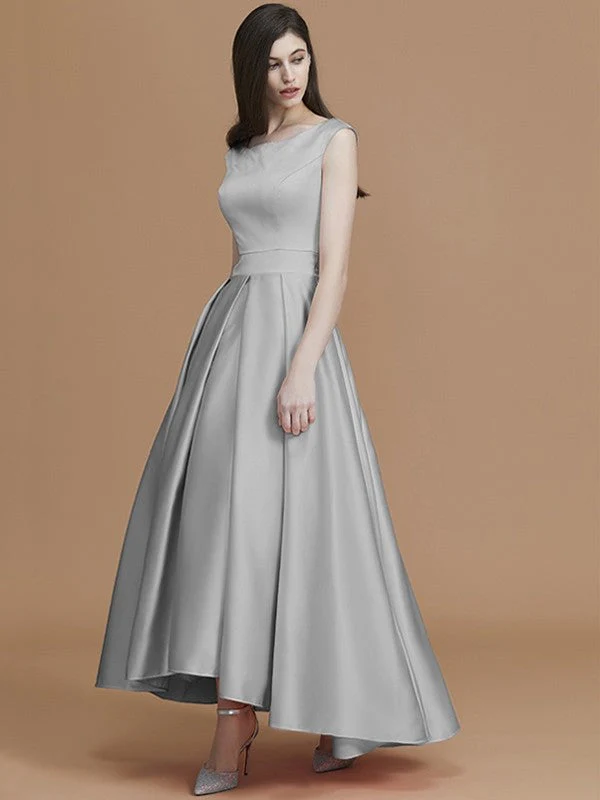 Modern Bateau Sleeveless Asymmetrical Ruffles Satin Bridesmaid Dresses - Image 33