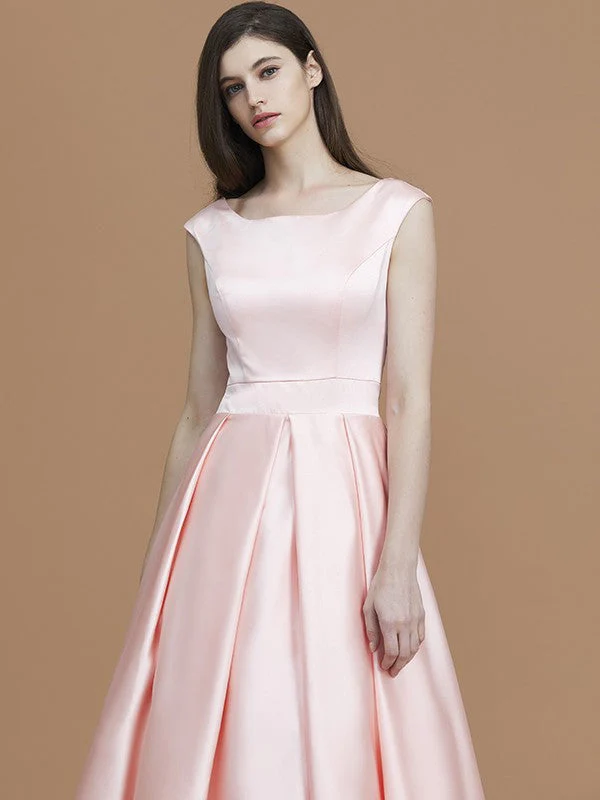Modern Bateau Sleeveless Asymmetrical Ruffles Satin Bridesmaid Dresses - Image 4