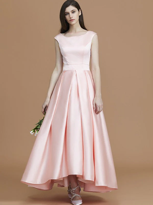 Modern Bateau Sleeveless Asymmetrical Ruffles Satin Bridesmaid Dresses - Image 5