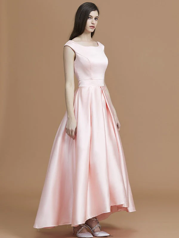 Modern Bateau Sleeveless Asymmetrical Ruffles Satin Bridesmaid Dresses - Image 6