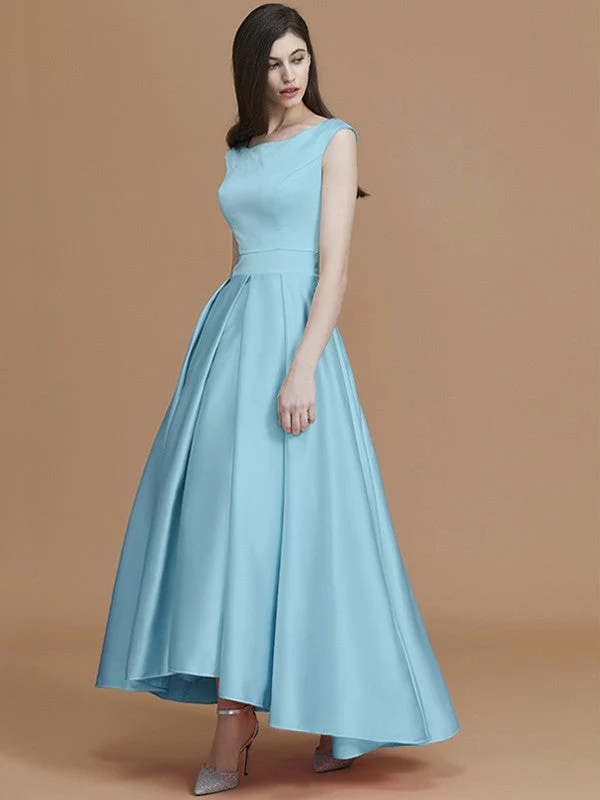 Modern Bateau Sleeveless Asymmetrical Ruffles Satin Bridesmaid Dresses - Image 9