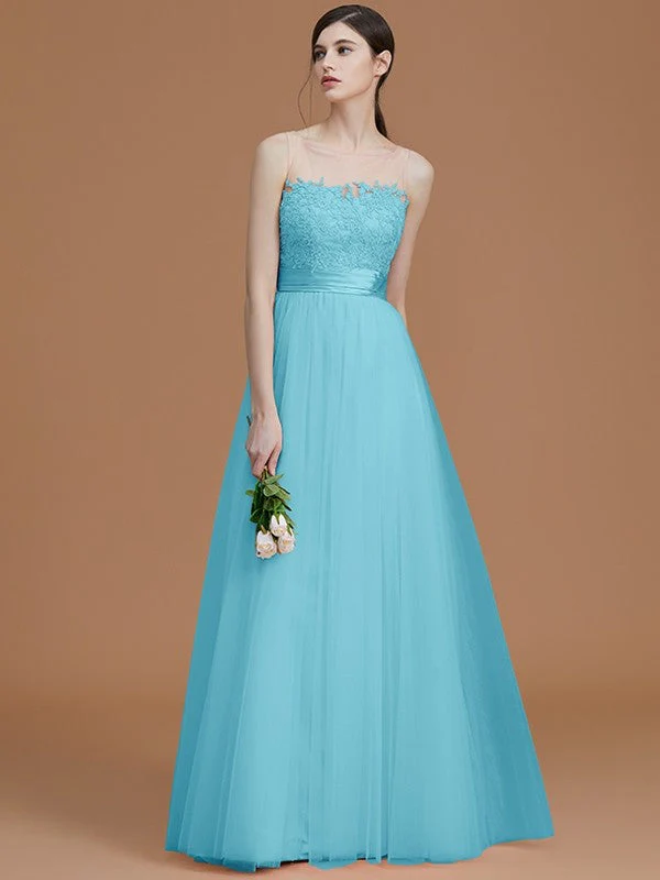 Modern Bateau Sleeveless Applique Tulle Bridesmaid Dresses - Image 10
