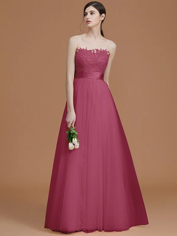 Modern Bateau Sleeveless Applique Tulle Bridesmaid Dresses - Image 12