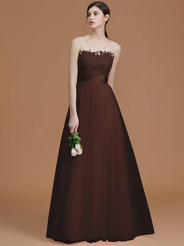 Modern Bateau Sleeveless Applique Tulle Bridesmaid Dresses - Image 13