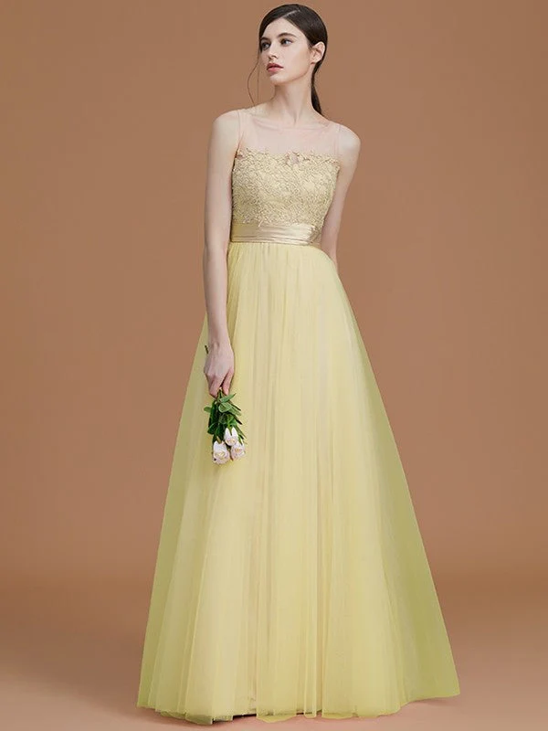Modern Bateau Sleeveless Applique Tulle Bridesmaid Dresses - Image 14