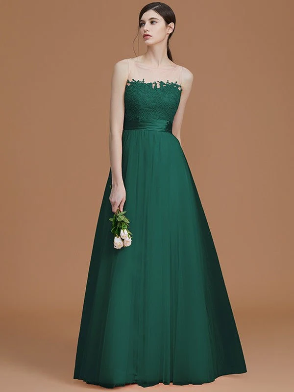 Modern Bateau Sleeveless Applique Tulle Bridesmaid Dresses - Image 15