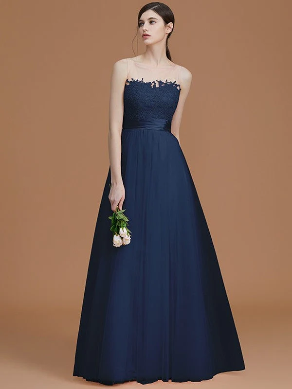 Modern Bateau Sleeveless Applique Tulle Bridesmaid Dresses - Image 16