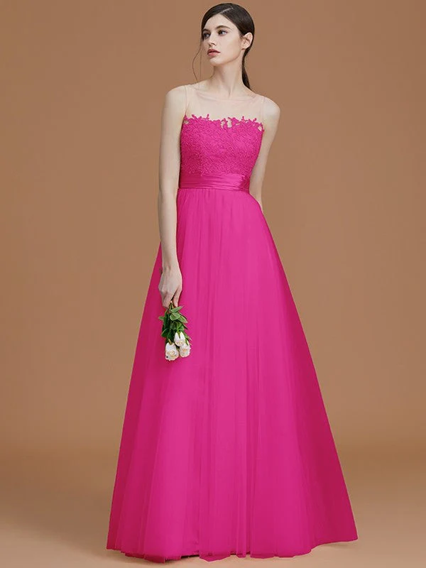 Modern Bateau Sleeveless Applique Tulle Bridesmaid Dresses - Image 17