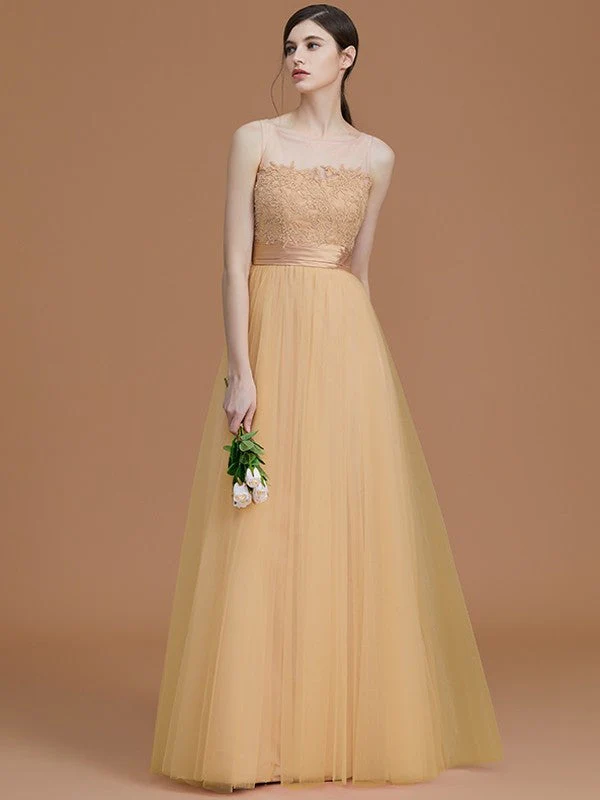 Modern Bateau Sleeveless Applique Tulle Bridesmaid Dresses - Image 18