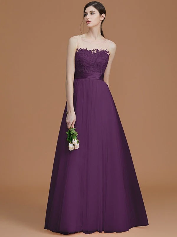Modern Bateau Sleeveless Applique Tulle Bridesmaid Dresses - Image 19