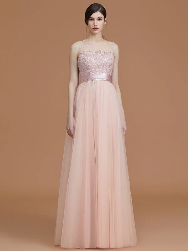Modern Bateau Sleeveless Applique Tulle Bridesmaid Dresses - Image 2