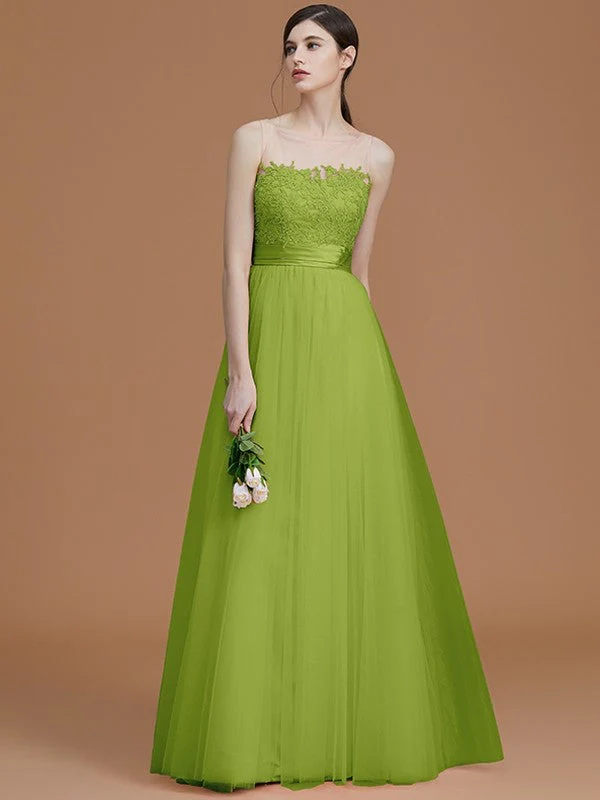Modern Bateau Sleeveless Applique Tulle Bridesmaid Dresses - Image 20