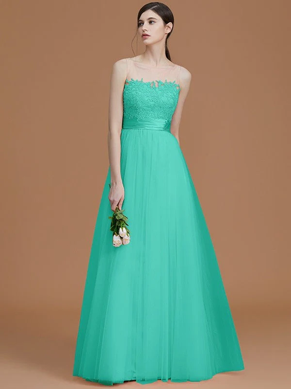 Modern Bateau Sleeveless Applique Tulle Bridesmaid Dresses - Image 21