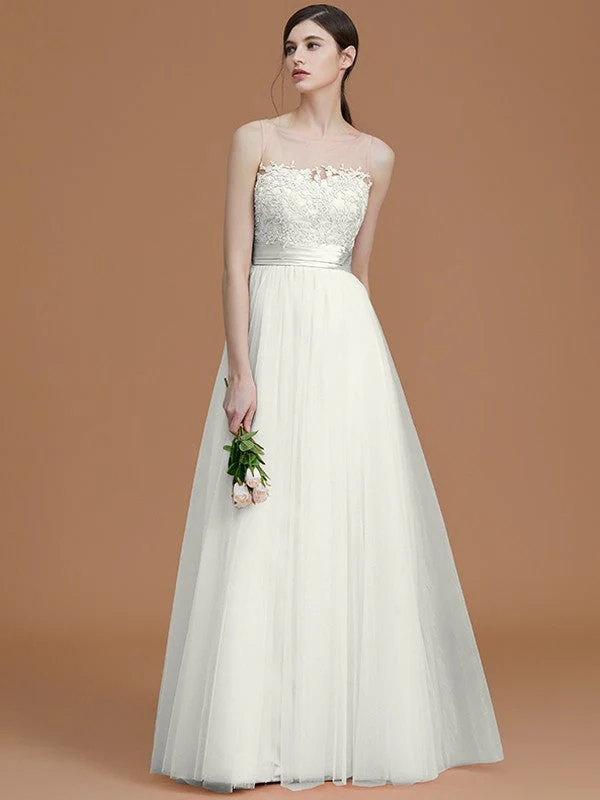 Modern Bateau Sleeveless Applique Tulle Bridesmaid Dresses - Image 22