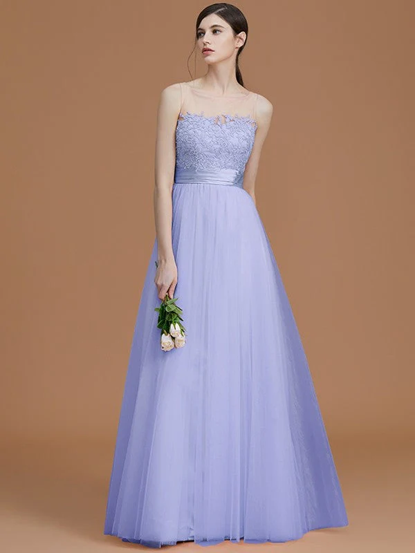 Modern Bateau Sleeveless Applique Tulle Bridesmaid Dresses - Image 23