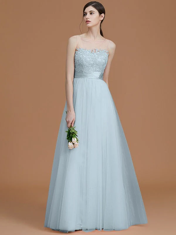 Modern Bateau Sleeveless Applique Tulle Bridesmaid Dresses - Image 24