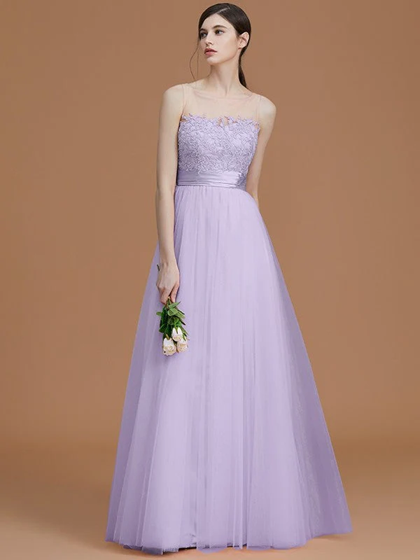 Modern Bateau Sleeveless Applique Tulle Bridesmaid Dresses - Image 25