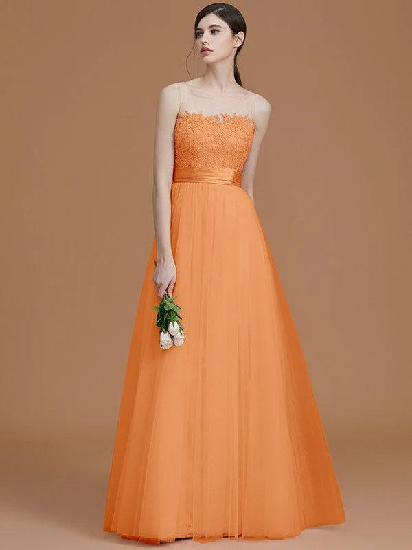Modern Bateau Sleeveless Applique Tulle Bridesmaid Dresses - Image 26