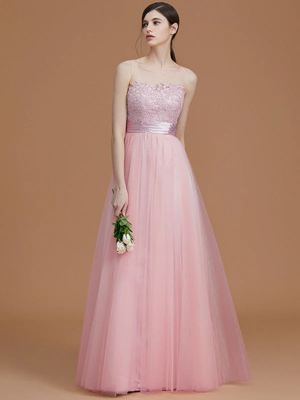 Modern Bateau Sleeveless Applique Tulle Bridesmaid Dresses - Image 27