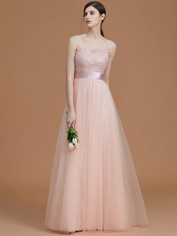 Modern Bateau Sleeveless Applique Tulle Bridesmaid Dresses - Image 28