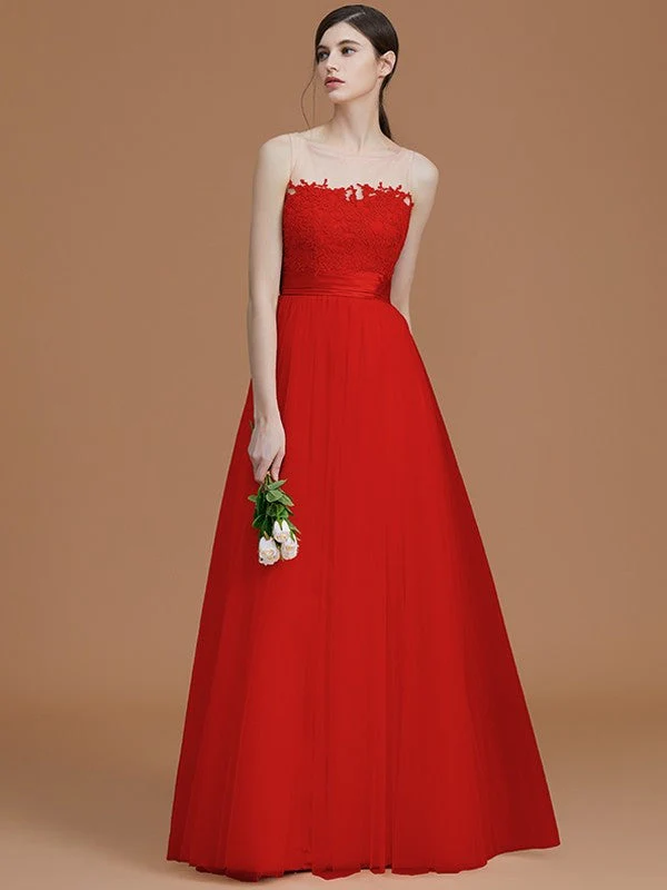 Modern Bateau Sleeveless Applique Tulle Bridesmaid Dresses - Image 29