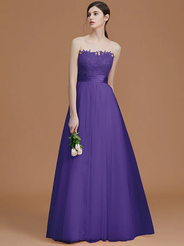 Modern Bateau Sleeveless Applique Tulle Bridesmaid Dresses - Image 30