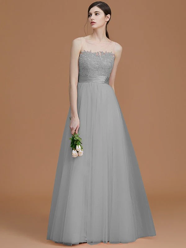 Modern Bateau Sleeveless Applique Tulle Bridesmaid Dresses - Image 32