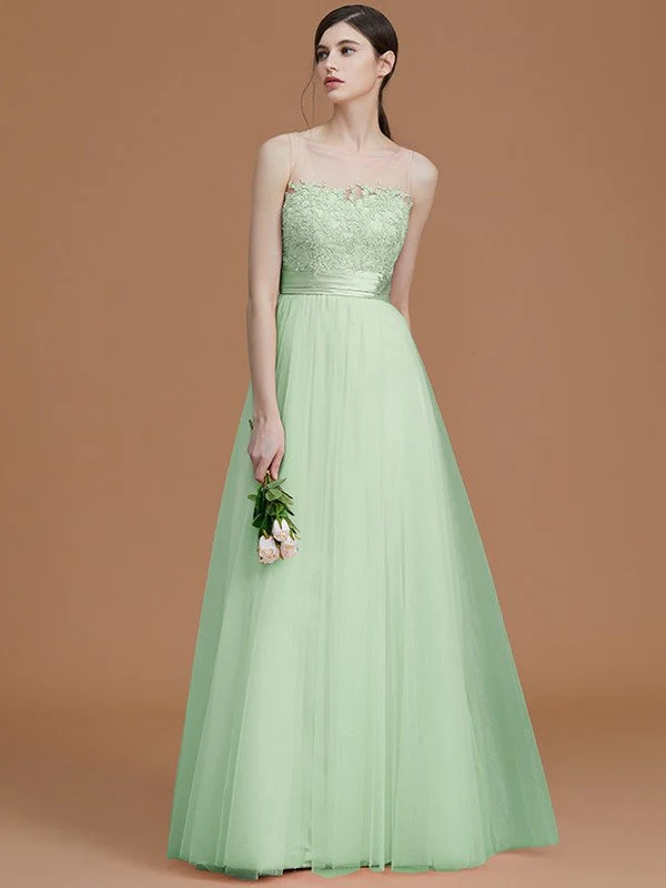 Modern Bateau Sleeveless Applique Tulle Bridesmaid Dresses - Image 33