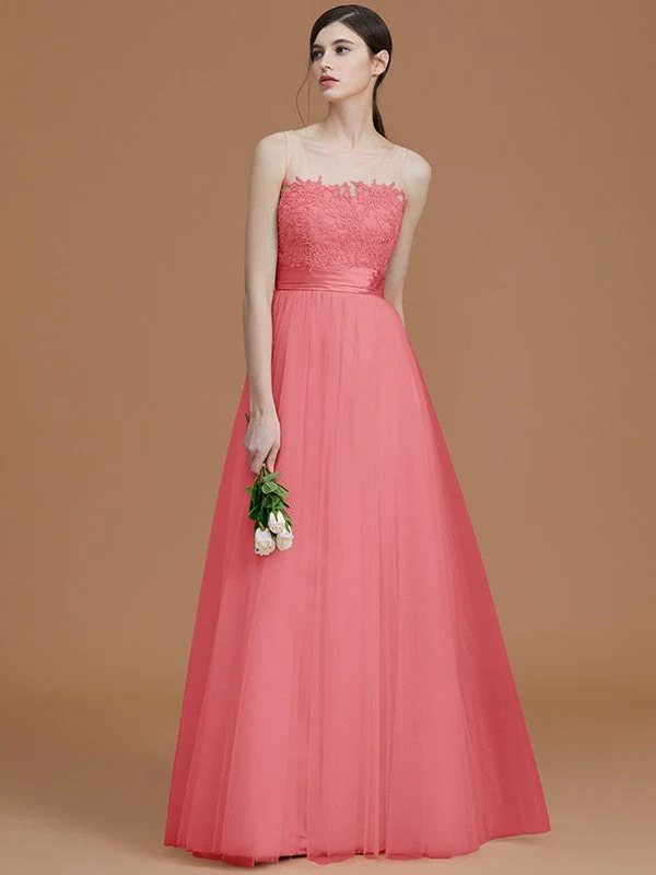 Modern Bateau Sleeveless Applique Tulle Bridesmaid Dresses - Image 34