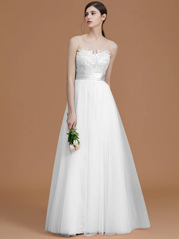 Modern Bateau Sleeveless Applique Tulle Bridesmaid Dresses - Image 35
