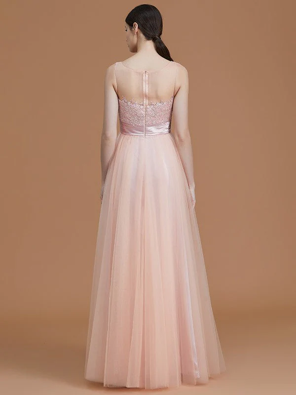 Modern Bateau Sleeveless Applique Tulle Bridesmaid Dresses - Image 36