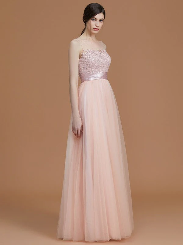 Modern Bateau Sleeveless Applique Tulle Bridesmaid Dresses - Image 5