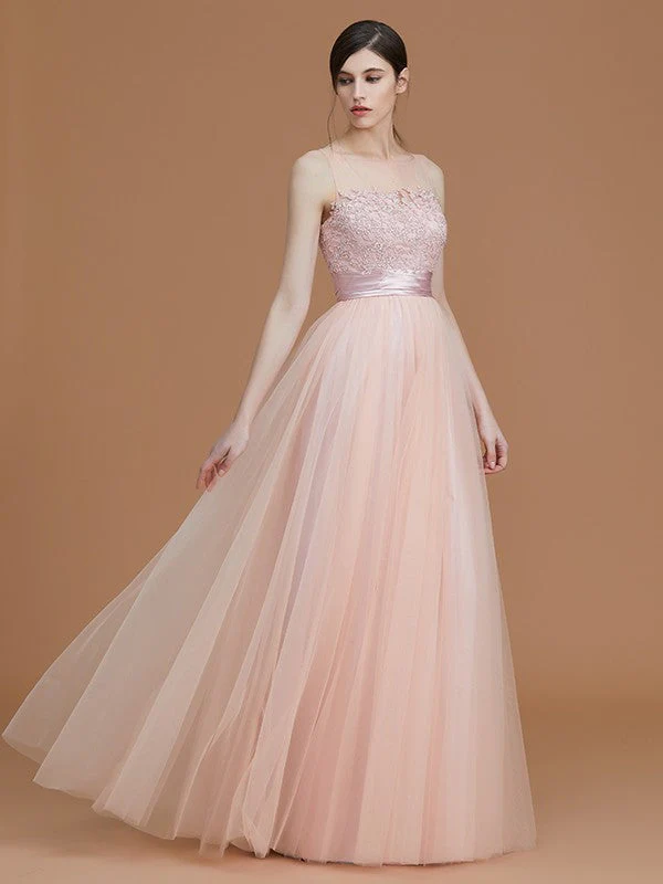 Modern Bateau Sleeveless Applique Tulle Bridesmaid Dresses - Image 6